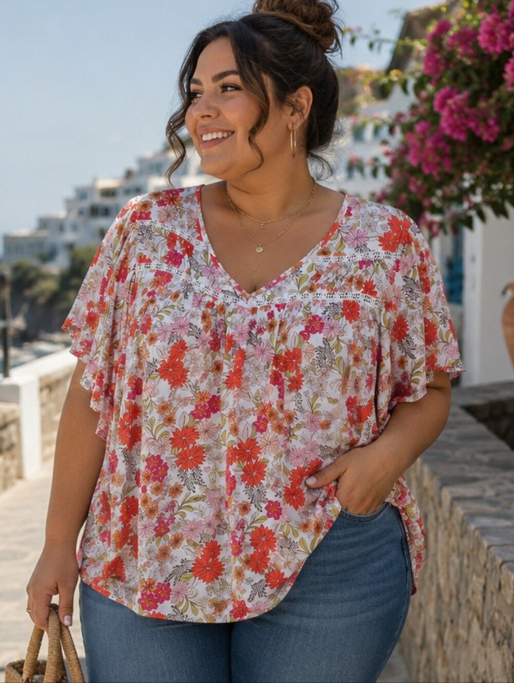 Democracy Floral V Neck Flutter Sleeve Blouse. NWT.